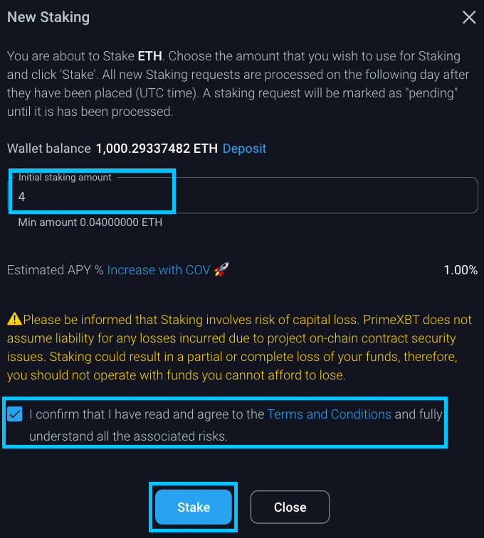 Choose the amount you want to stake